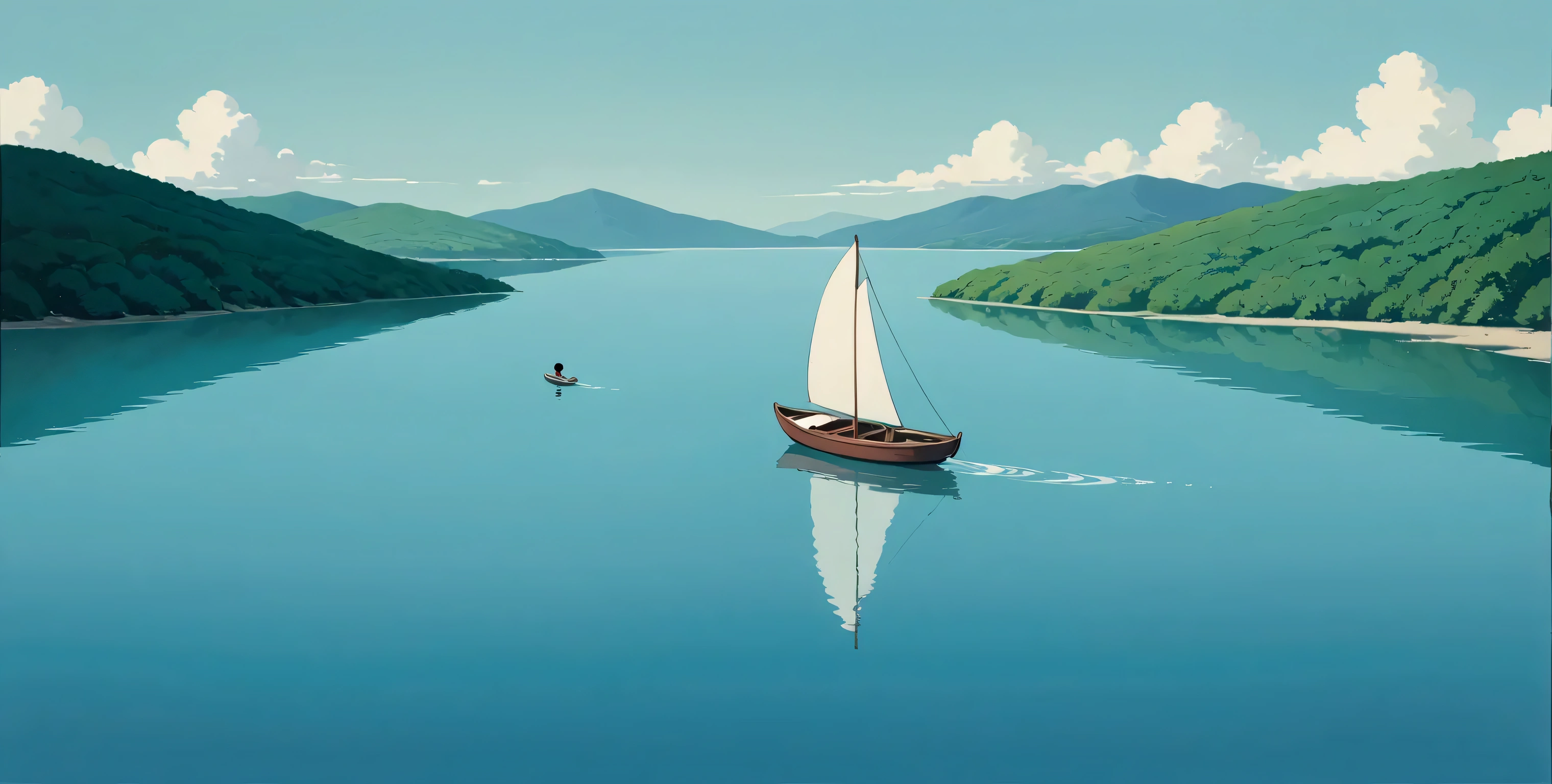 (minimalism:1.4), Lofi anime style, Studio Ghibli art, Miyazaki ,pastel , cute ,minimalist , SPIRITED AWAY From Hayao Miyazak ,No one is there , No people , Landscape ,Boats floating on the lake