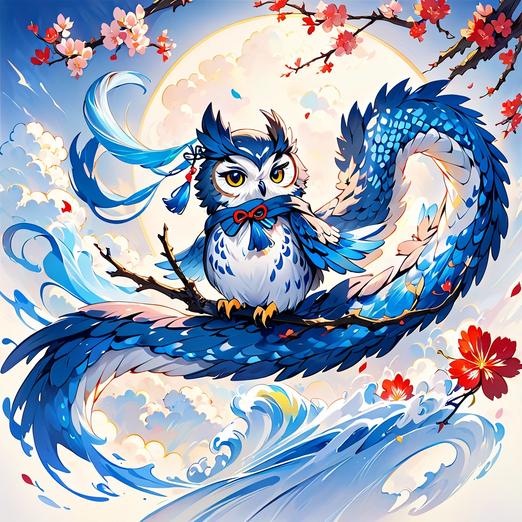  a cute owl holding a bow。There is a blue dragon swirling in the background 。 colorful ink painting based on blue。