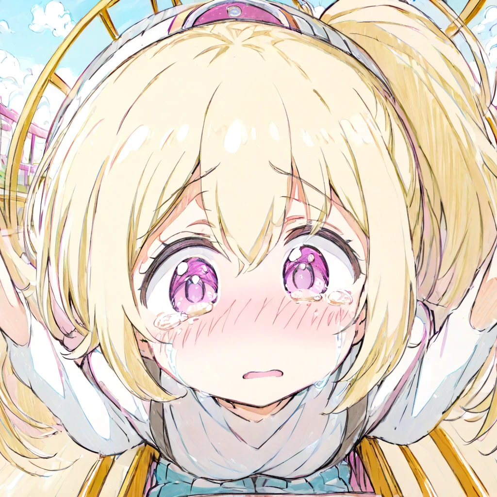 (masterpiece, best quality, hyper detailed:1.4), cute, art academia,
1girl, short, slender, fair skin, blonde medium hair, ponytail, big droopy eyes, magenta eyes,
ride on roller coaster, nose blush, confused, crying, arms up, in amusement park, wide shot,