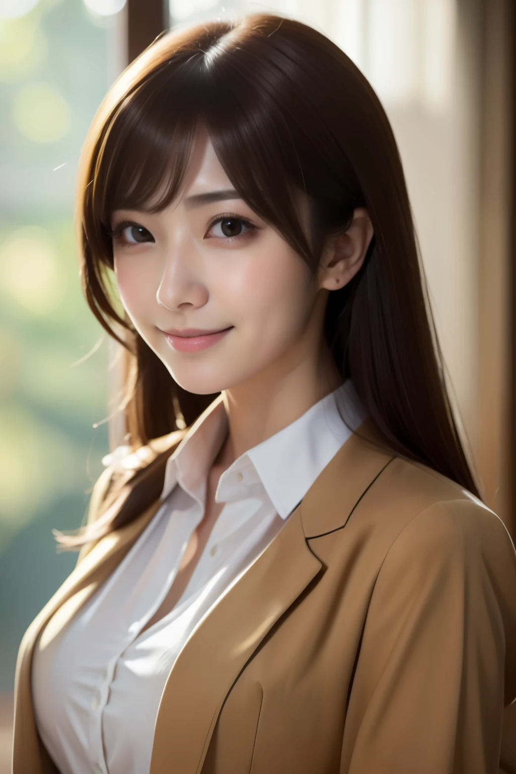 8k, Ultra-high resolution, Highest quality, masterpiece,  using the rule of thirds,Surreal, photograph, 1 Girl, (:1.3), pretty girl, Cute face, Beautiful eyes in every detail, Detailed in fine detail,masterpiece,One Girl:1.2, Japan Female Announcer,Tabletop,glaring,light brown disheveled hair,blazer uniform,White collared blouse,The buttons on the chest are open,Sharp focus、Perfect dynamic composition、Beautiful and detailed、Thin Hair、Detailed real skin texture、smile、Close-up portrait、Model Body Type,Looking at the audience、beauty,Long neceal body type))),A cup small breasts :2,、Portraiture:2、Perfect Anatomy、detailed、detailed、Surreal、Light and shadow,Strong light