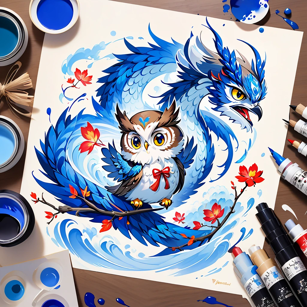 A cute owl is holding a bow。There is a blue dragon swirling in the background 。 colorful ink painting based on blue。