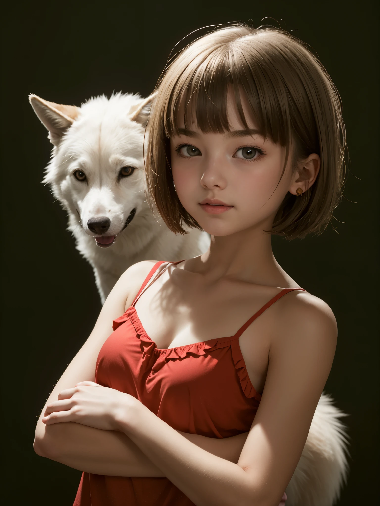 girl wearing camisole, BREAK, girl, detailed skin, short bob hair, flat bangs, detailed face, looking at viewer, parted lips, camisole, (****, cute:1.6), (breasts:1.2), detailed skin, healthy glowy skin, clavicle, sharp focus, bright highlight, dark background, red clothes, frills, white wolf spirit, masterpiece, best quality,