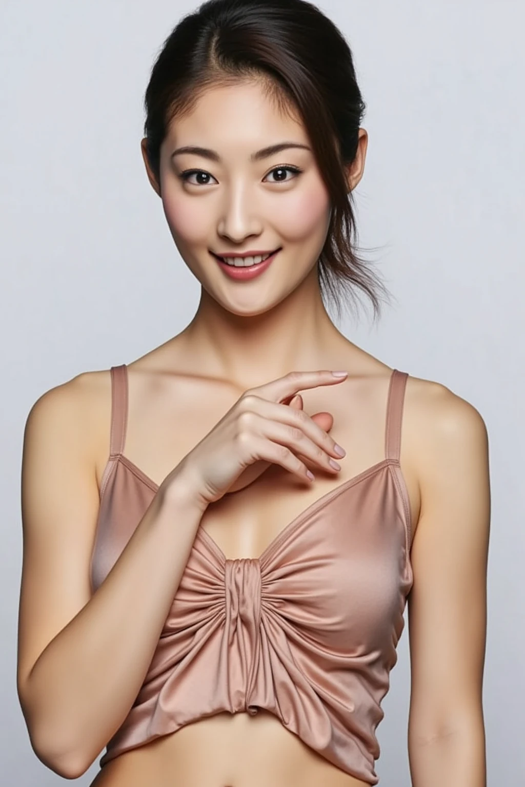 She is in a pose wearing a sexy camisole, making a firm big heart shape with both hands, and holding it in front of her chest, Cute smile up

