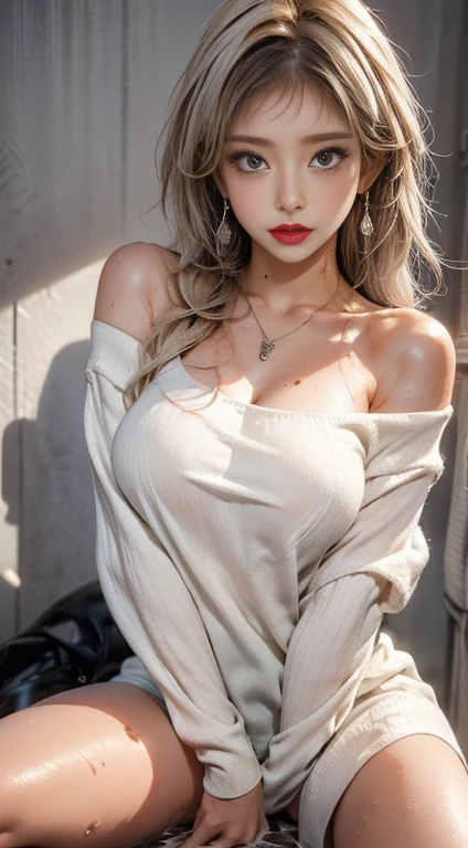 masterpiece, 8k,   Award-Winning Photos  , photoRealistic, Realistic,  very detailed,  ultra high resolution,  Japanese Idols少女, mature women,Wavy hair with bangs,(Bright red lips)　, ///1 person, The most beautiful, 20 years old , ( sexy,  Japanese Idols), (blonde:1.3),///  Human Details Shiny Skin  , Detailed skin ,  Beautifully Detailed Face  , beautiful details , ///  (double eyelid, Droopy eyes), (  brightly colored large breasts  :1.2), Sunburn, ///(( Crossing your legs)), ///(bedroom:1.3),  Blurred Background , ///  JEWELRY, earrings with cups, necklace ,( sexyな唇:1.5),(Sweaty body:1.5), plump,(( off-shoulder knitwear )),
///Finished ultra-Realistic textures, RAW photo,Shine,(Body wet with liquid:1.6)