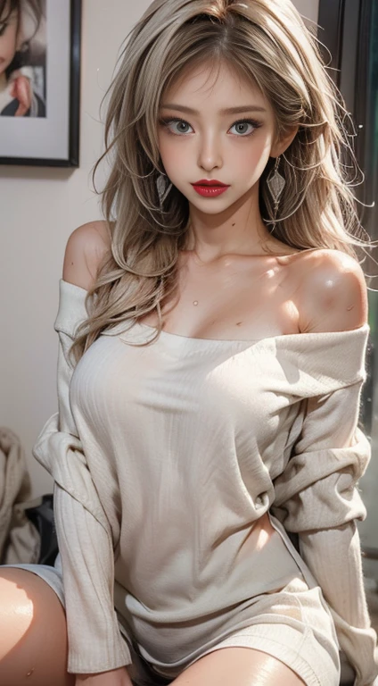 masterpiece, 8k,   Award-Winning Photos  , photoRealistic, Realistic,  very detailed,  ultra high resolution,  Japanese Idols少女, mature women,Wavy hair with bangs,(Bright red lips)　, ///1 person, The most beautiful, 20 years old , ( sexy,  Japanese Idols), (blonde:1.3),///  Human Details Shiny Skin  , Detailed skin ,  Beautifully Detailed Face  , beautiful details , ///  (double eyelid, Droopy eyes), (  brightly colored large breasts  :1.2), Sunburn, ///(( Crossing your legs)), ///(bedroom:1.3),  Blurred Background , ///  JEWELRY, earrings with cups, necklace ,( sexyな唇:1.5),(Sweaty body:1.5), plump,(( off-shoulder knitwear )),
///Finished ultra-Realistic textures, RAW photo,Shine,(Body wet with liquid:1.6)