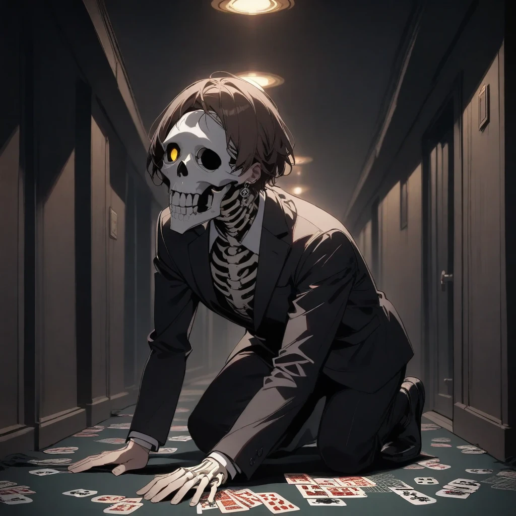 One Person, Full Body, Adult Male, Brown Hair, Short Hair, Light Yellow Eyes, Skeleton Mask, Helix Earring, Silver Necklace, Black Suit , Night, Hallways, Horror, Poker Face, Black Aura, Kneel, Lend a Hand,