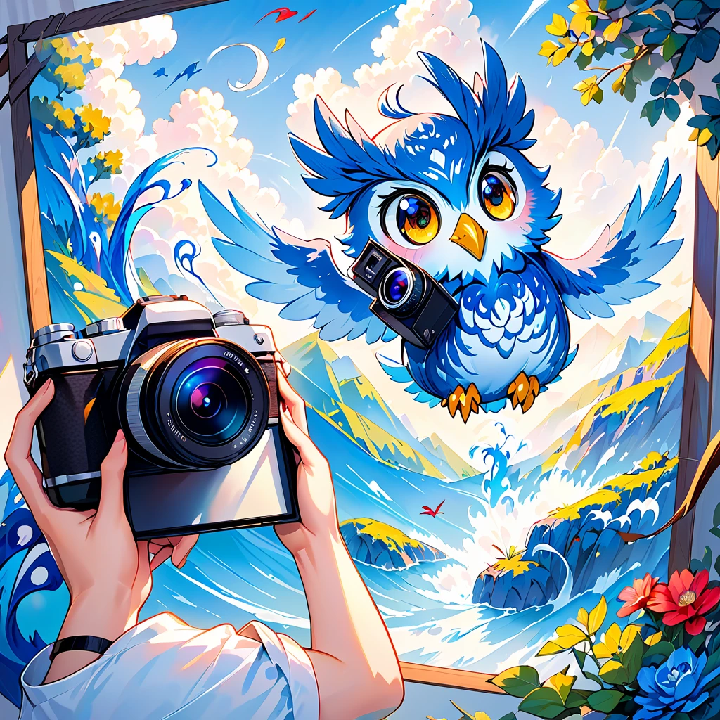  A cute owl is taking a picture with a camera。There is a blue dragon swirling in the background 。 colorful ink painting based on blue。