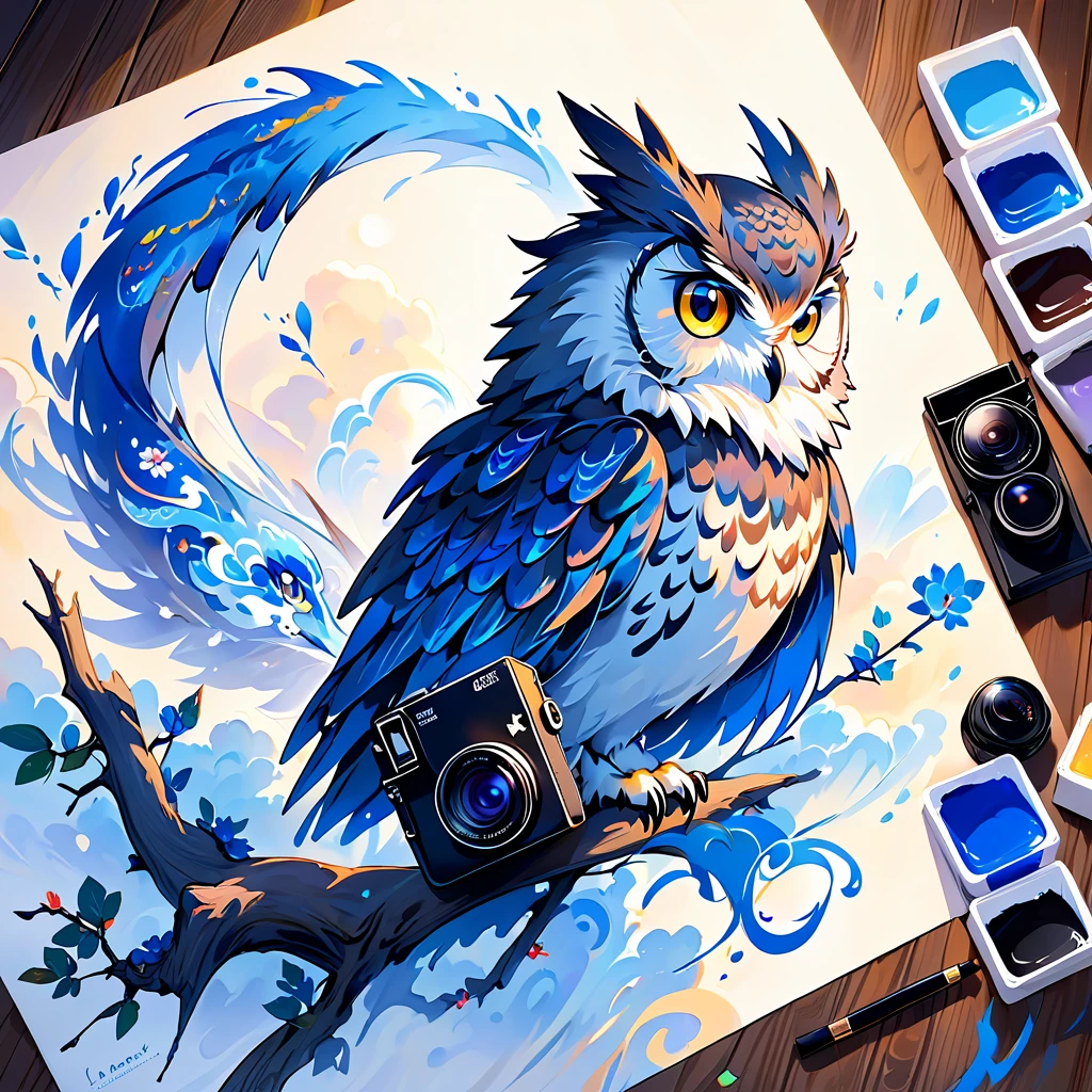 A cute owl has a black camera。There is a blue dragon swirling in the background 。 colorful ink painting based on blue。