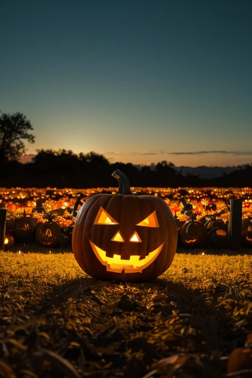 The spirit of Halloween Jack O'lantern walking through a pumpkin field at midnight