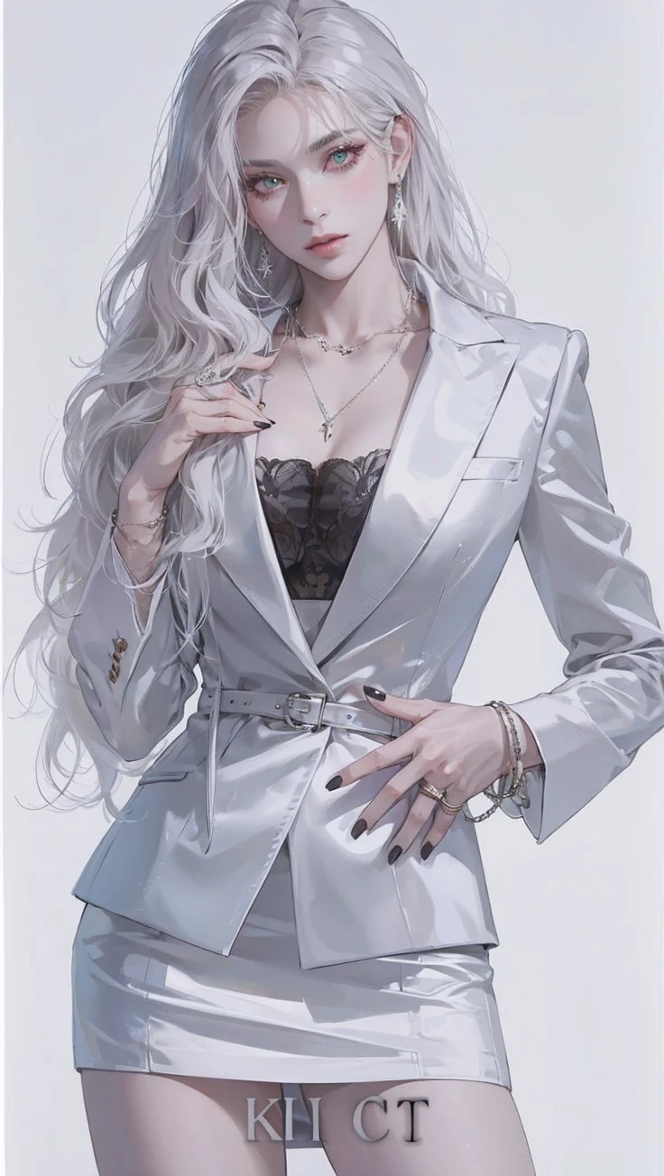 Photorealistic, High resolution, Soft light,1womanl, Solo, hips up high, (Detailed face),The tattoo, Jewelry, ((Girl walking in office district)),Wear a uniform、((Translucent wet uniform white blazer、Check skirt、styles),Bigchest,low chest, Long hair、((poneyTail))、((up skirt))、((mix4))、((appearance々Colored panties))、((wet golden white hair))