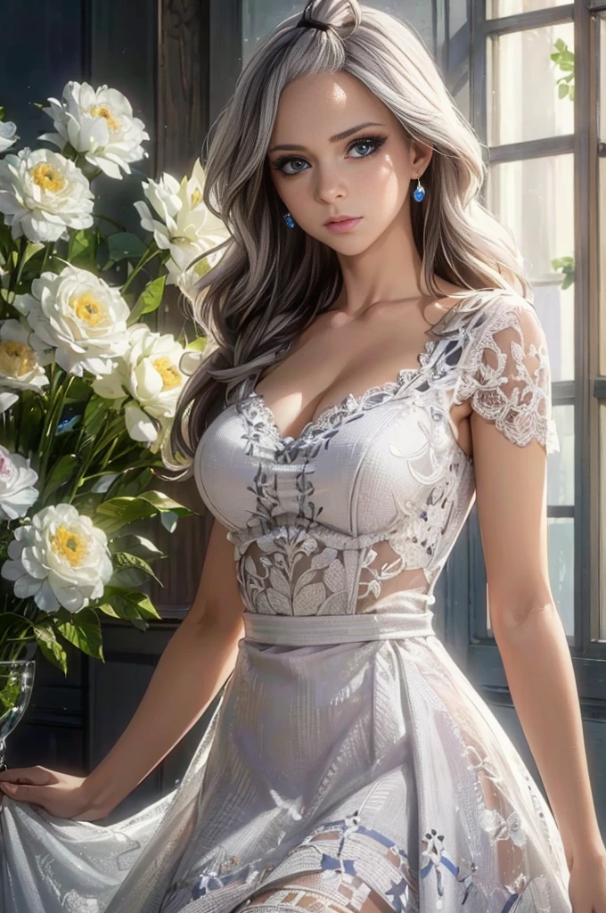 Kamisato Ayaka| Genshin Impact, masterpiece, best quality, 1 Girl,25 years old, proportional body, proportional., wedding服, White wedding dress, long skirt, wedding, (((Large Breasts、Breast sagging、Low-cut,Cleavage ,Wide hips,)))((Long legs)),Hourglass figure)), ,only, Standing in the middle of the garden, outdoor, wedding, The sky is beautiful, hands holding a bouquet of flowers............................................, View from the front., Thigh straps, Head tilt, boring, 10, 10, HD, Smile,