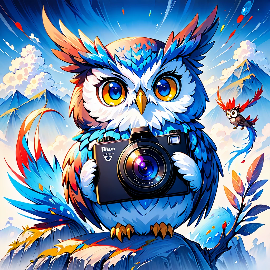 cute owl holding a black camera。Blue dragon on background。 colorful ink painting based on blue。