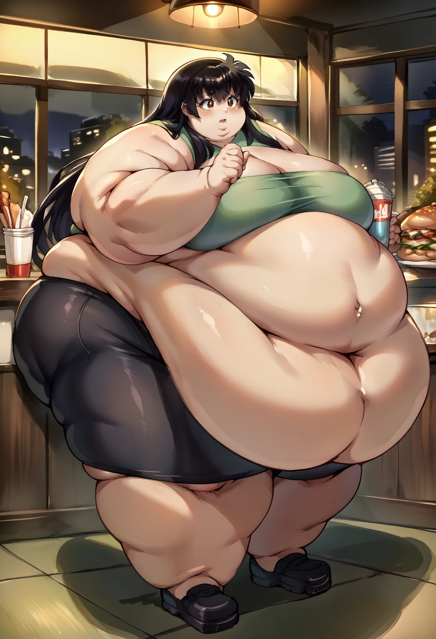 score_9, score_8_up, score_7_up, source_anime BREAK 1girl, solo,  kagomexl, long hair, black hair, brown eyes, bangs, brown eyes, restaurant, night, fat, chubby, obese, gigantic arms and legs, full body shot,obese, green micro tube top, black bike shorts,