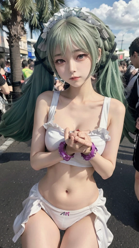  upper body,Colin, 1 Girl,Alone,Chibi,Very young,Short neck, small breasts, purple eyes,( charming smile in a crowd:0.8),  twin tails, Maid, green hair ,handcuffs, White Panties ,masterpiece, noise reduction, perfect anatomy, Kampala, Super detailed, Super detailed face,Game CG, Dutch angle , beautiful eye with attention to detail, visual art , five fingers , Perfect hands,  Full Photo, Sparkling Eyes,