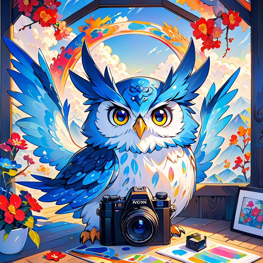 cute owl holding a black camera。Blue dragon on background。 colorful painting based on blue。