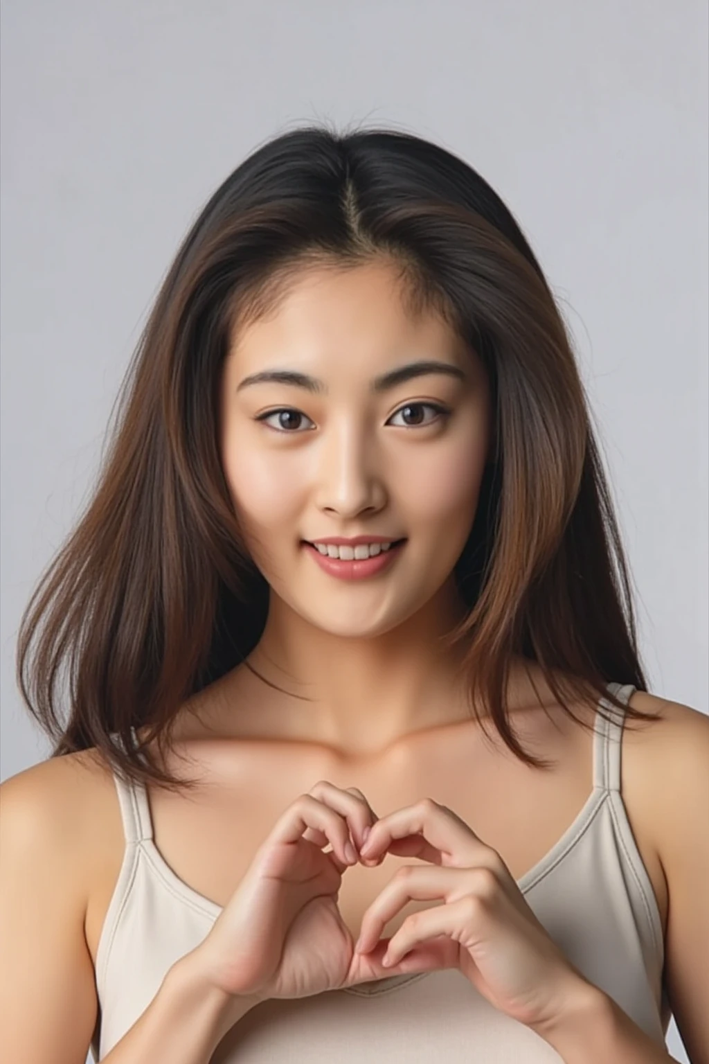 She is in a pose wearing a sexy camisole, making a firm big heart shape with both hands, and holding it in front of her chest, Cute smile up

