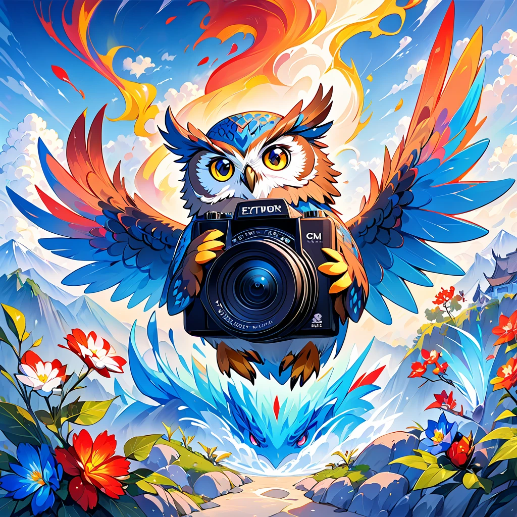 cute owl holding a black camera。Blue dragon on background。 colorful painting based on blue。