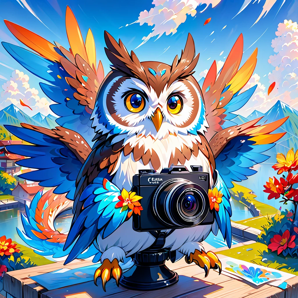 cute owl holding a black camera。Blue dragon on background。 colorful painting based on blue。