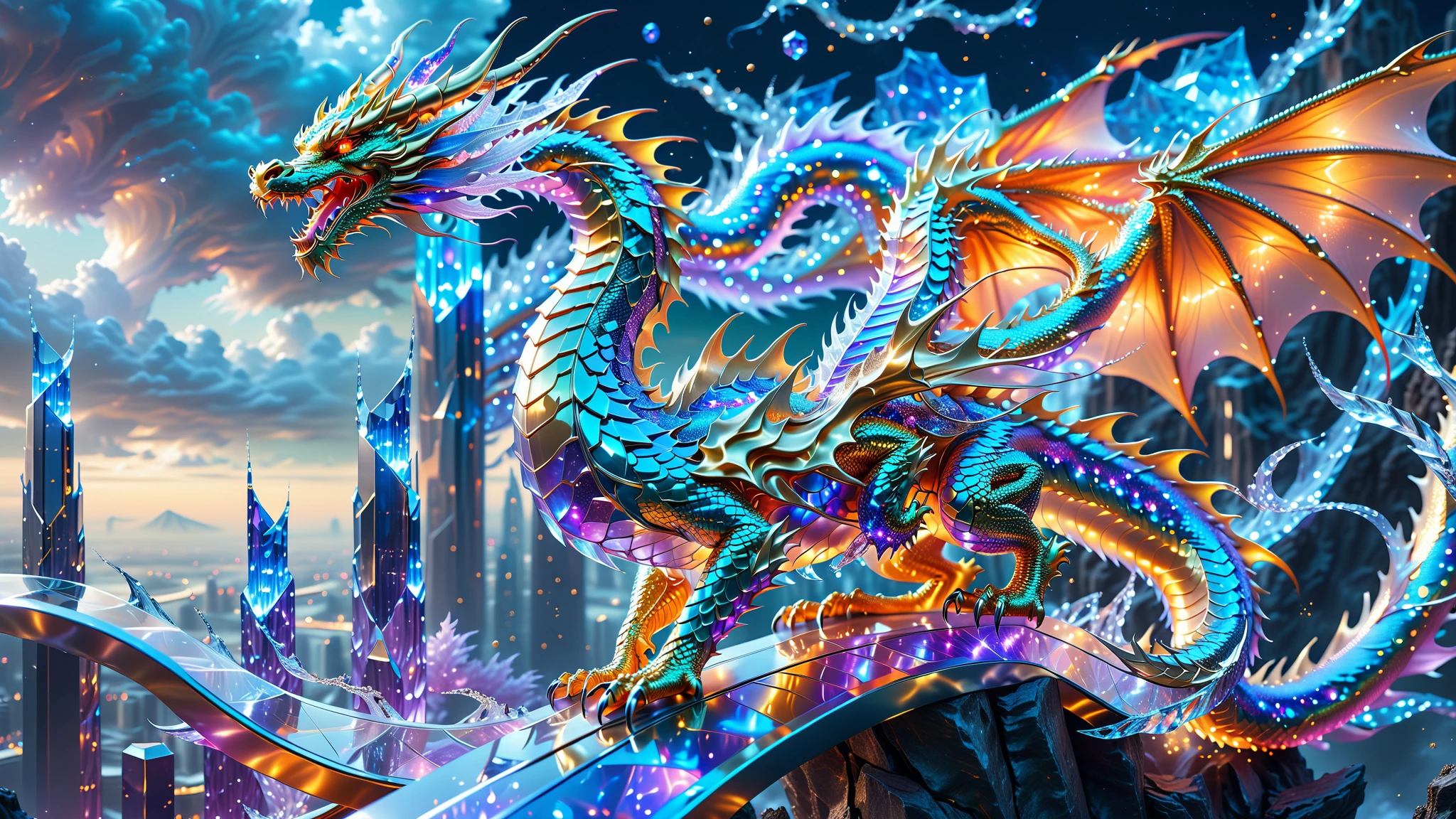 A Masterpiece In 32K Resolution, Supreme Quality, Super Detail, Official Art, Very High-Resolution 32K Wallpaper, Beautiful And Aesthetic, Ultra-Detailed Features, Awe-Inspiring Detail. A Celestial Dragon With Scales That Shimmer Like Sapphires Weaves Through A Sky Of Crystal Spires And Silver Bridges. Its Body Glows With An Otherworldly Energy, Illuminating The Sleek Buildings Below. The Dragon Ethereal Presence Contrasts Beautifully With The City’s Hard Angles And Metallic Hues, Adding A Sense Of Mystery To The Futuristic Scene.