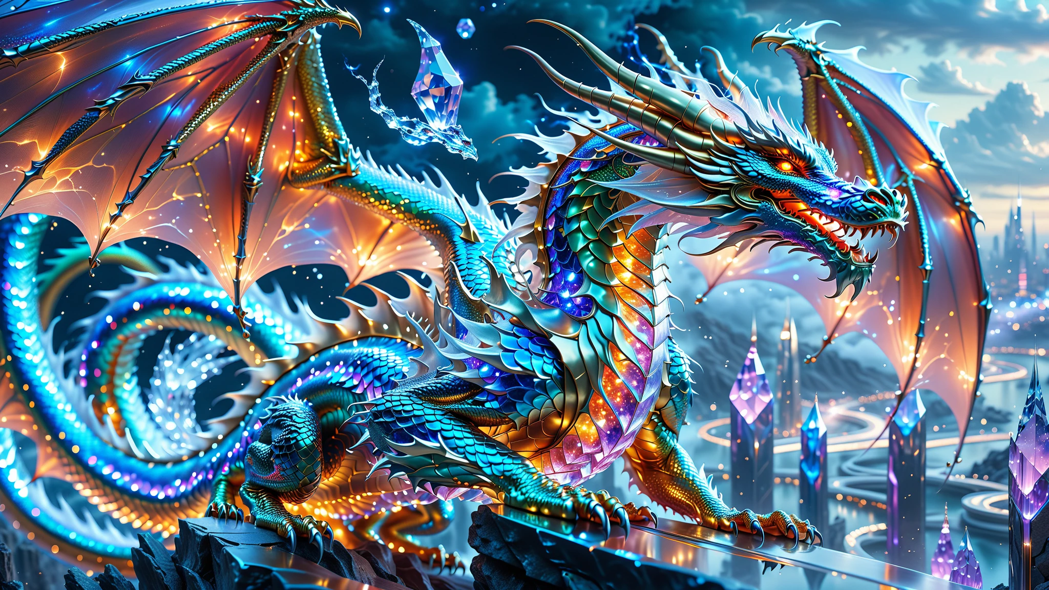 A Masterpiece In 32K Resolution, Supreme Quality, Super Detail, Official Art, Very High-Resolution 32K Wallpaper, Beautiful And Aesthetic, Ultra-Detailed Features, Awe-Inspiring Detail. A Celestial Dragon With Scales That Shimmer Like Sapphires Weaves Through A Sky Of Crystal Spires And Silver Bridges. Its Body Glows With An Otherworldly Energy, Illuminating The Sleek Buildings Below. The Dragon Ethereal Presence Contrasts Beautifully With The City’s Hard Angles And Metallic Hues, Adding A Sense Of Mystery To The Futuristic Scene.