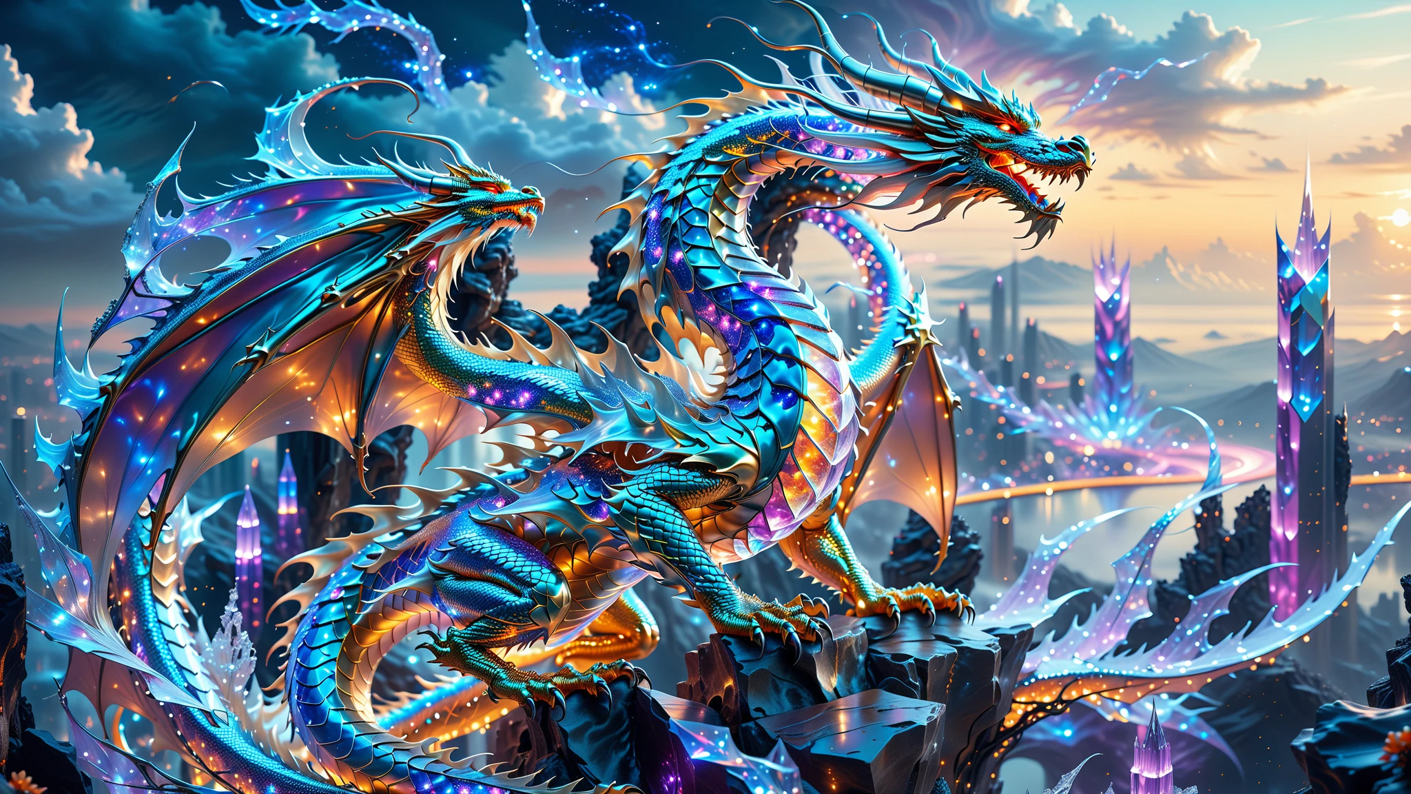 A Masterpiece In 32K Resolution, Supreme Quality, Super Detail, Official Art, Very High-Resolution 32K Wallpaper, Beautiful And Aesthetic, Ultra-Detailed Features, Awe-Inspiring Detail. A Celestial Dragon With Scales That Shimmer Like Sapphires Weaves Through A Sky Of Crystal Spires And Silver Bridges. Its Body Glows With An Otherworldly Energy, Illuminating The Sleek Buildings Below. The Dragon Ethereal Presence Contrasts Beautifully With The City’s Hard Angles And Metallic Hues, Adding A Sense Of Mystery To The Futuristic Scene.