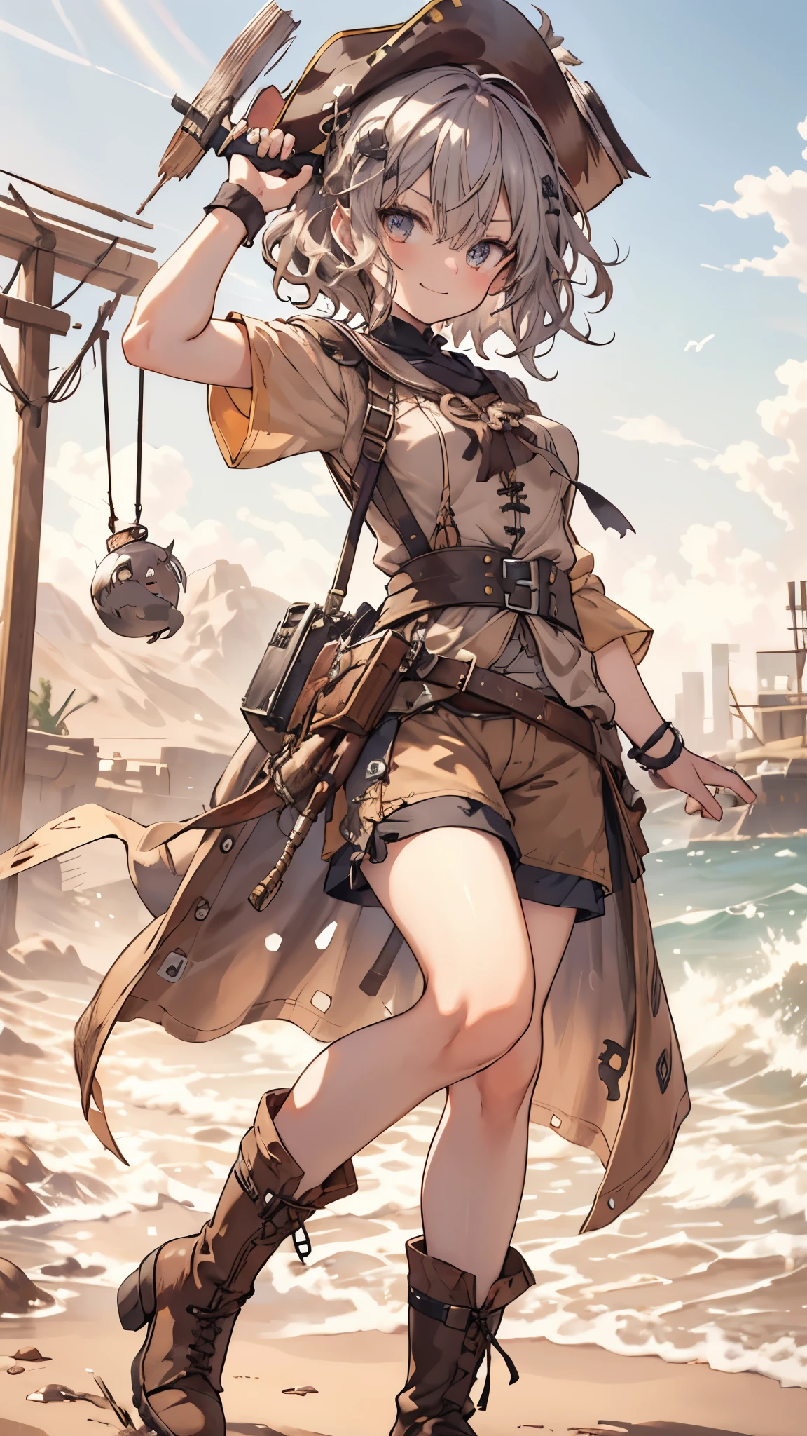 masterpiece, 1 girl, sparrow, a silver haired girl, wearing a medieval villager clothes, curly short hair, messy hair, slim body, he close her left eye, shirt ornament, ruby eyes, ahoge, baby face, beautiful eyes, boots, droopy eyes, her age is 19, short hair, angry, curly hair, MongolPunkAI, view from right down, lend a hand to you, he very close to you, smug smile, rainbow_one, brown tunic shirt, brown shorts, pirates hat, pirates, high quality, 8k, pirates, big breasts, beautiful breats