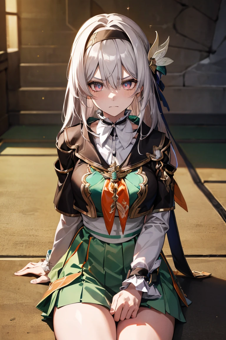   1 Girl,Ryuei ,Grey Hair, bangs,  long sleeve,  Hair Ornament ,  black jacket,  black hair band,  high quality,  Green Dress , Thigh length, skirt, Half smile ,  Gentle expression , full length,   photorealism , Sit on your lap, seiza, Thighs together, ((( hands tied to the back ))), (( cross your arms behind your back)), (Sparkling Hair:1.05), (shiny skin:0.97), (Big Eyes:0.95),  Concrete Floor,  concrete wall, basementで,  basement, indoor,  surreal,  very detailed, Detailed face,  very detailed, ((Make a frown)),   clenched his teeth,
