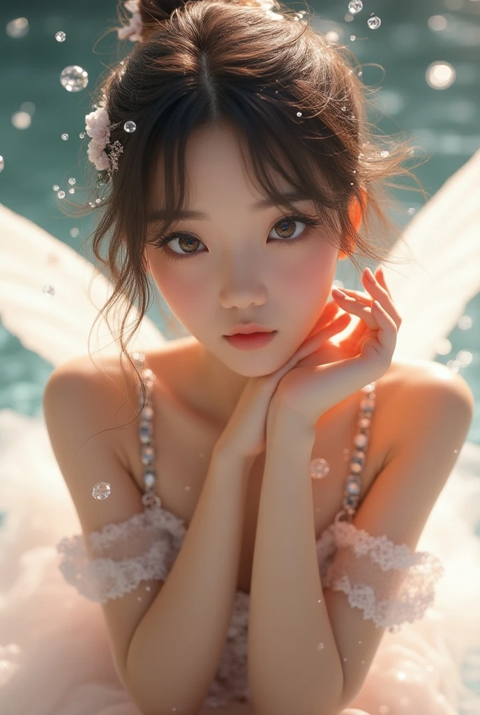 day, Princess of Bubbles and Summer, ruffled dress,light brown hair,busty,loght pink/light yellow/light blue/white colour pallet,Glamour,glamorous dress,Gorgeous,Jewelry,monochromes,goddess,light Fantasy,light Venus,posing,Dynamic Posing,Dramatic,Cinematic,Detailed background,light fantastic view,Best Quality,masutepiece,8K,The ultimate detailed light background, best image quality、RAW photography、超A high resolution、show legs，cropped shoulders，close-up all over the body，Be red in the face,good anatomy （Hand optimization），（Details are strengthened），（High Picture Quality） An 18-year-old female、Shot for one person only、model shoot、medium breasts、Beautiful Eyes of Details、Very slender eyes, Beautiful eyelashes、beautiful double eyelid、Very slim physique, Shy, with blush cheeks,upper body,nature im background 