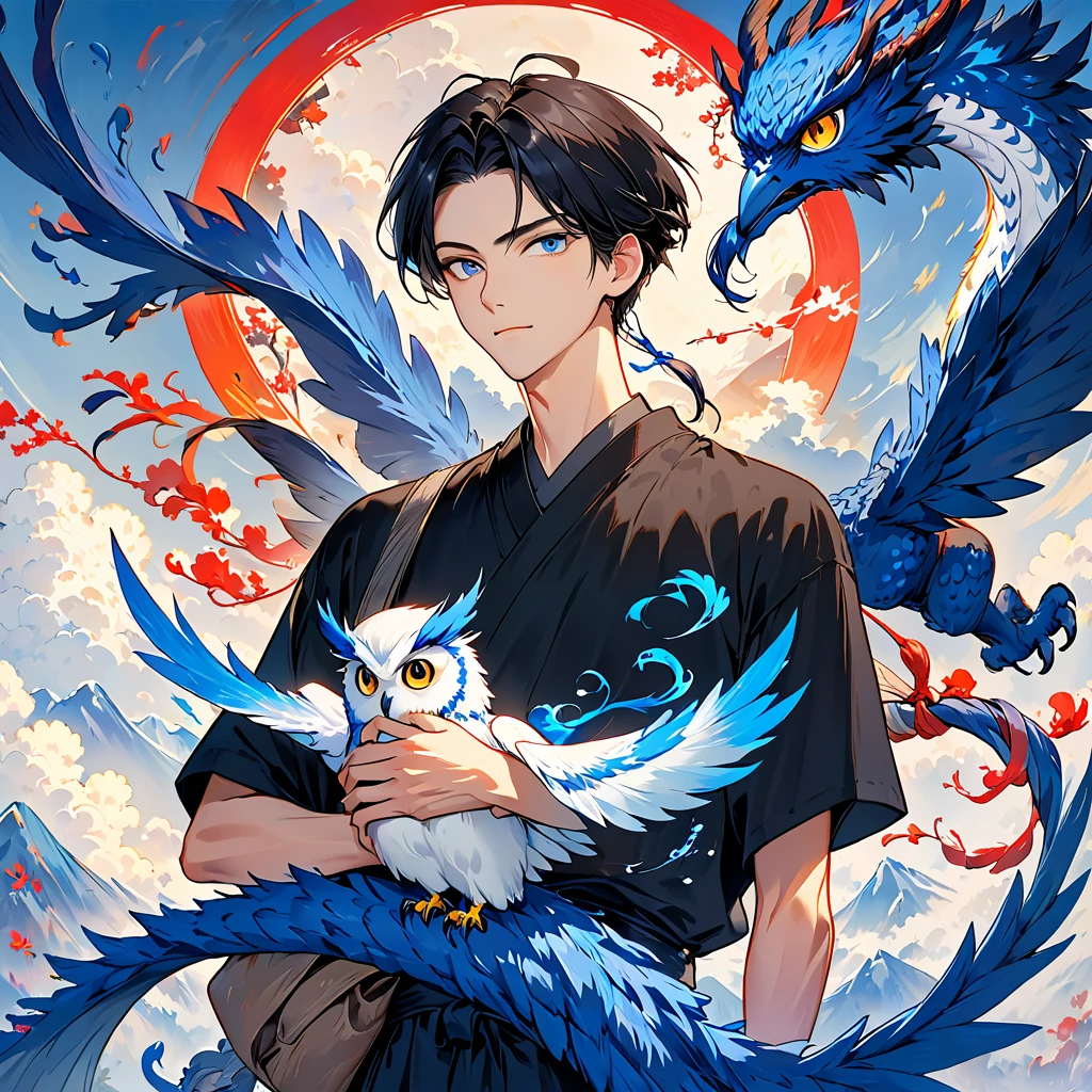 1 30-year-old man。 tall, slender, and wearing a plain black t-shirt。I have black hair and my hair is pretty short 。I'm carrying an owl on my shoulder。 There is a blue dragon swirling in the background。 colorful ink painting based on blue 。