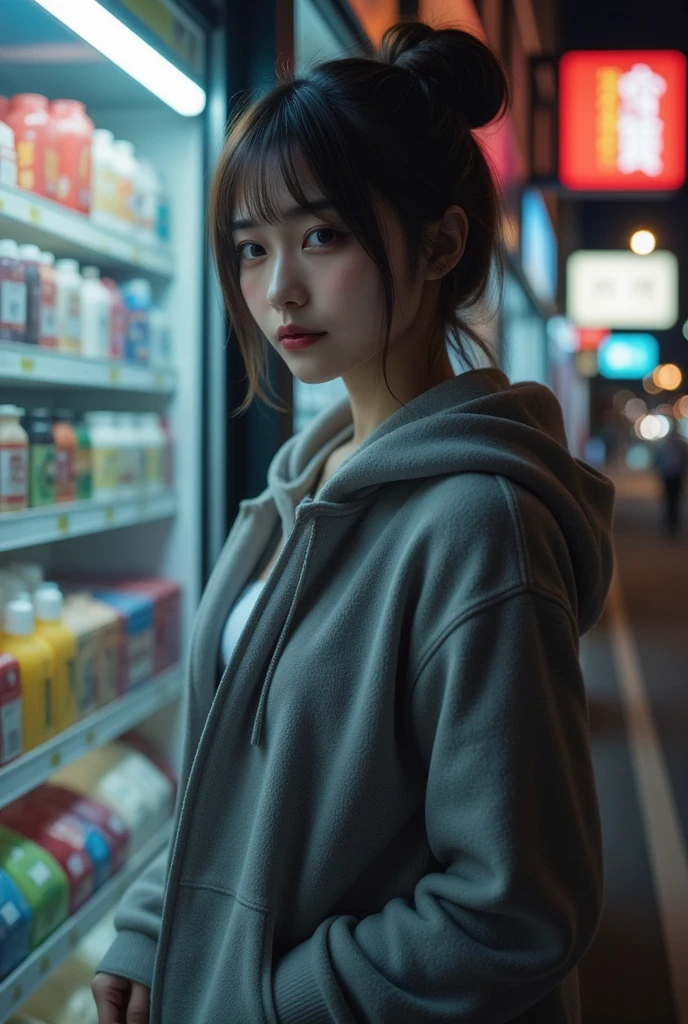 ( a work that can be safely viewed at work :2.0),  Beautiful Japanese Woman ,  supermodel ,  photorealistic,  very realistic pictures, Realistic, Perfect composition, Proper placement, Women&#39;s photos:1.331, Grey hooded parka, Brown Hair,  chignon hair:1.331,  Anatomically Correct Proportions :1.331, small head :1.331, Slender body:1.331,  Thin Waist:1.331, Thin limbs:1.331,  flat chest:1.331,  clear eyebrows on the rails :1.331, Detailed face,  white skin:1.21, Fine skin, At a convenience store at night,  ray tracing,  Dynamic Cinematic Lighting,