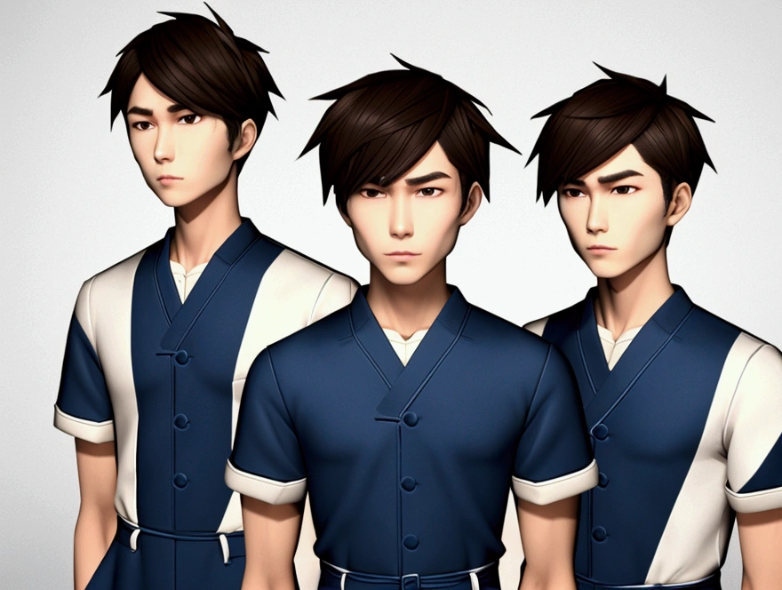 solo, androgynous Japanese man of 20 years old with brown eyes and short brown hair, soft facial features. The young man is wearing a blue jumpsuit and has a serious expression, nzeldastyle, 3d, polygonal, white background