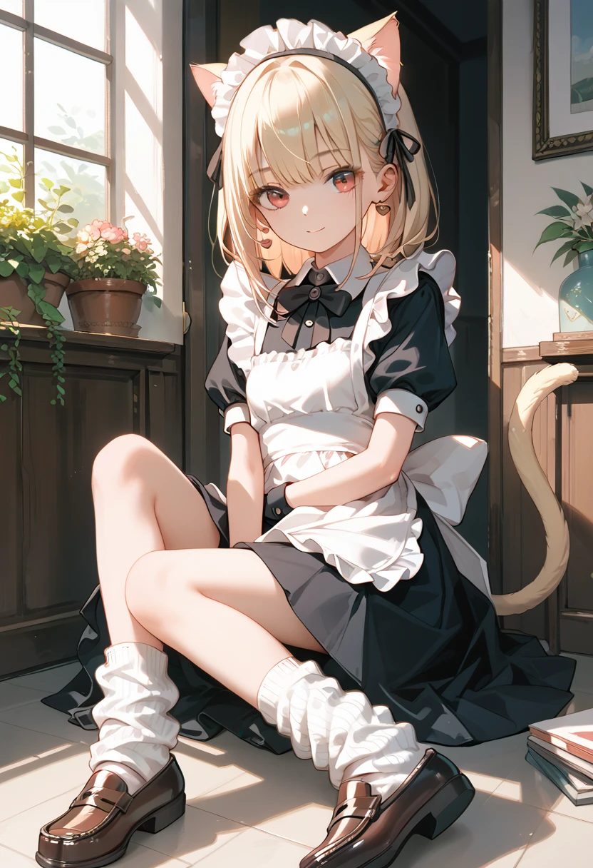 Score_9,Score_8_up,Score_7_up,highest quality anime,,masterpiece,1 girl,slim,small breasts,(Ideal slender proportions),(black_long_hair,straight_bangs,maid costume,loose socks,loafers),showing her cat tail