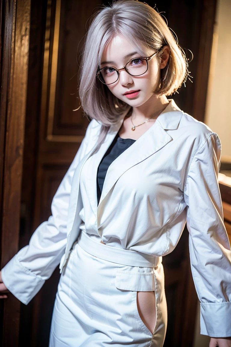 panel anime :  girl,  white skin,  purple eyes ,  short wavy white hair,  I'm wearing glasses , Formal clothing.