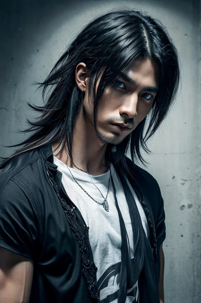 1 man, Japanese man, male, Asian eyes, muscular, broad shoulders, blue eyes, hairstyle Visual Kei style, hair Visual Kei, black men's shirt and black pants, ultra detailed face, hyperrealistic, realistic representation, long hair, long hair, 30 years old, age 30 years, blonde hair