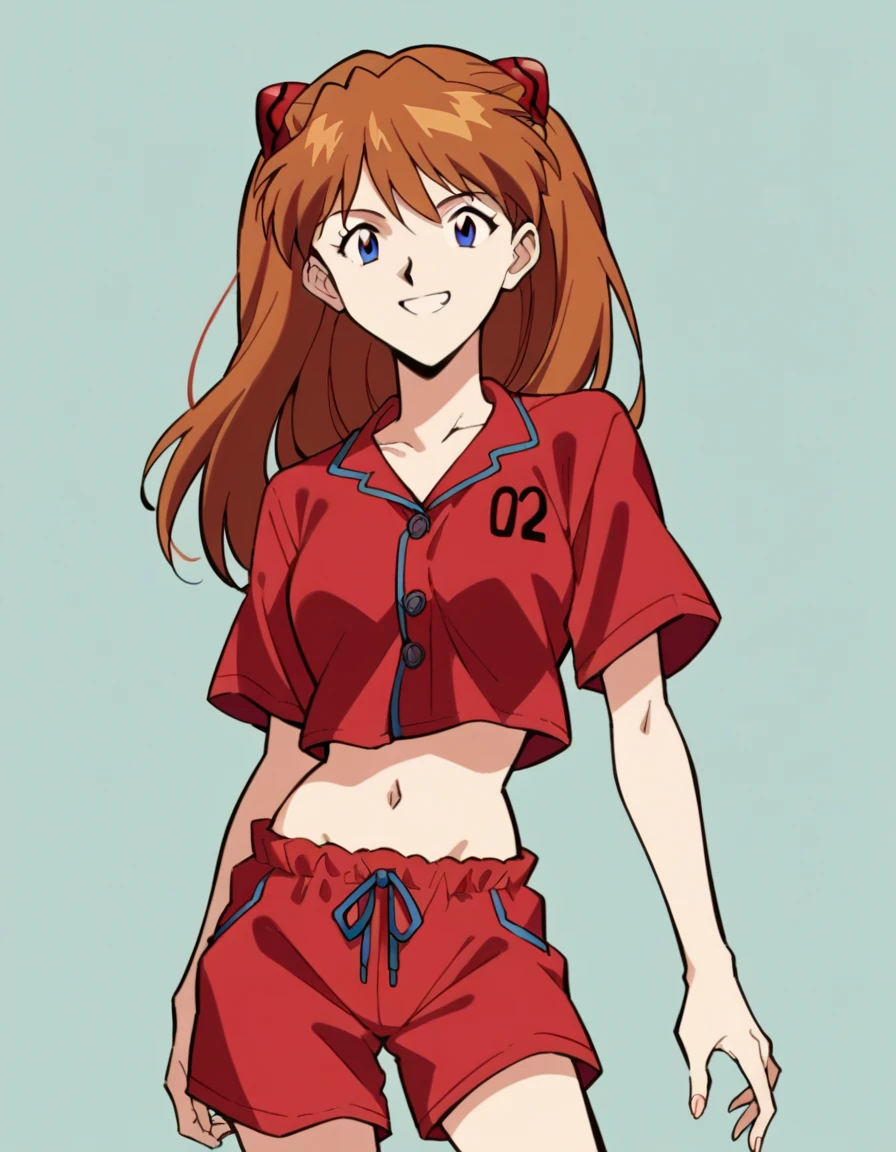 score_9, score_8_up, score_7_up, source_anime,
asuka langley soryu,  asuka langley soryu, long hair, bangs, blue eyes, brown hair, hair ornament,  interface headset, smile,
cowboy shot, red pajamas, midriff, belly button, red shorts pajamas