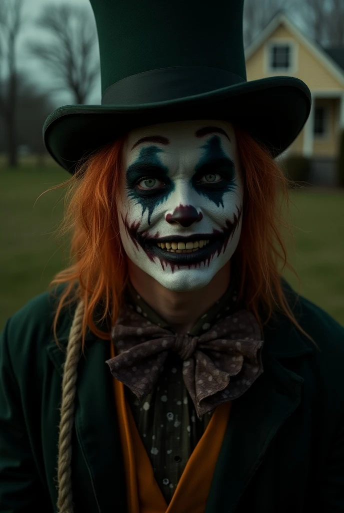 A gothic clown with dark, twisted makeup, green mist rising from his face, and eerie, shadowy clothing. The background is a dark, haunted mansion.
