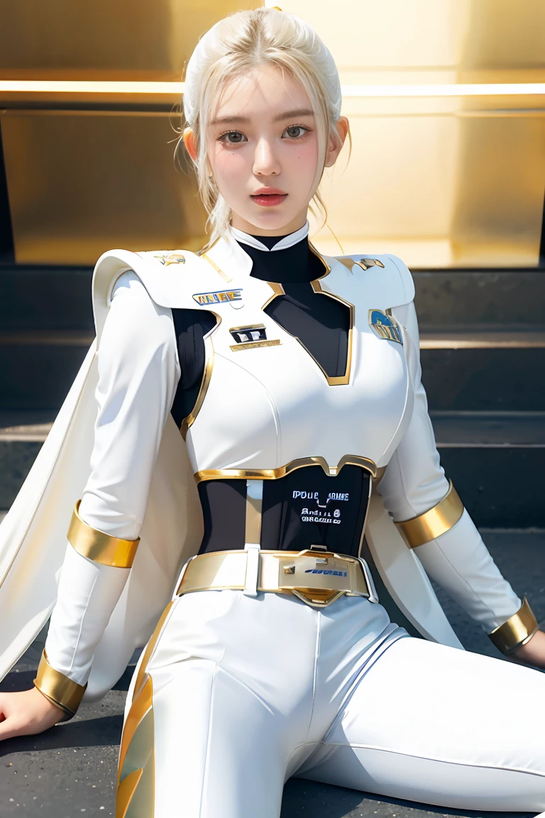 1girl full body, Illustration, cinematic light, high resolution, best quality, ultra-detailed, masterpiece, power suit, powerranger, suit, spd, (Silver and Gold chest plate), white and gold detail, (((white suit))), ((police theme:1.2))