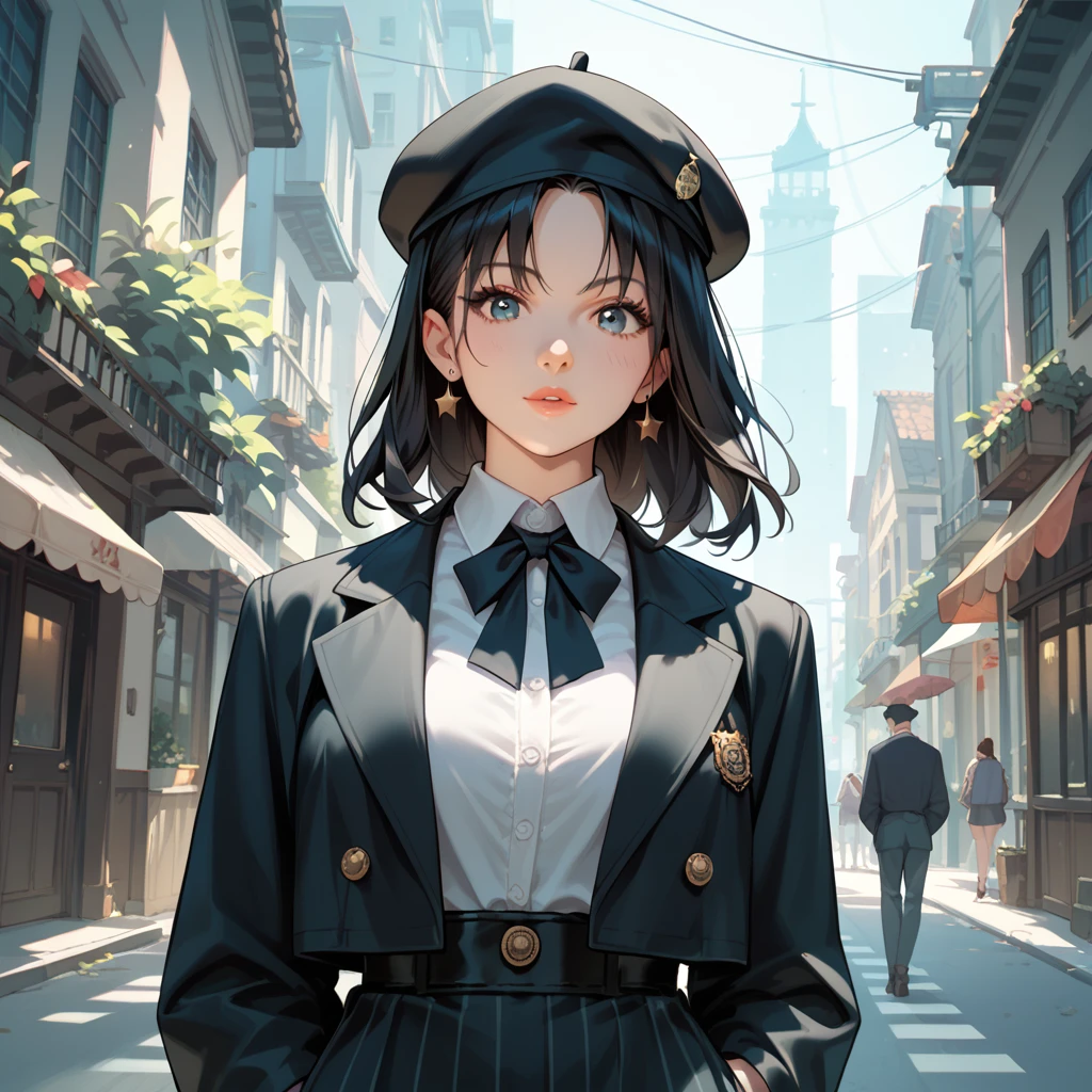  1 Girl, Black Hair,DETECTIVE SPIRIT,stroll,Beret