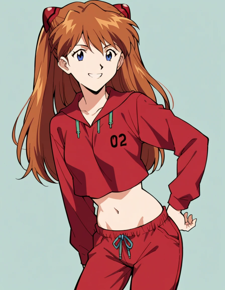 score_9, score_8_up, score_7_up, source_anime,
asuka langley soryu,  asuka langley soryu, long hair, bangs, blue eyes, brown hair, hair ornament,  interface headset, smile,
cowboy shot, red pajamas, midriff, belly button,