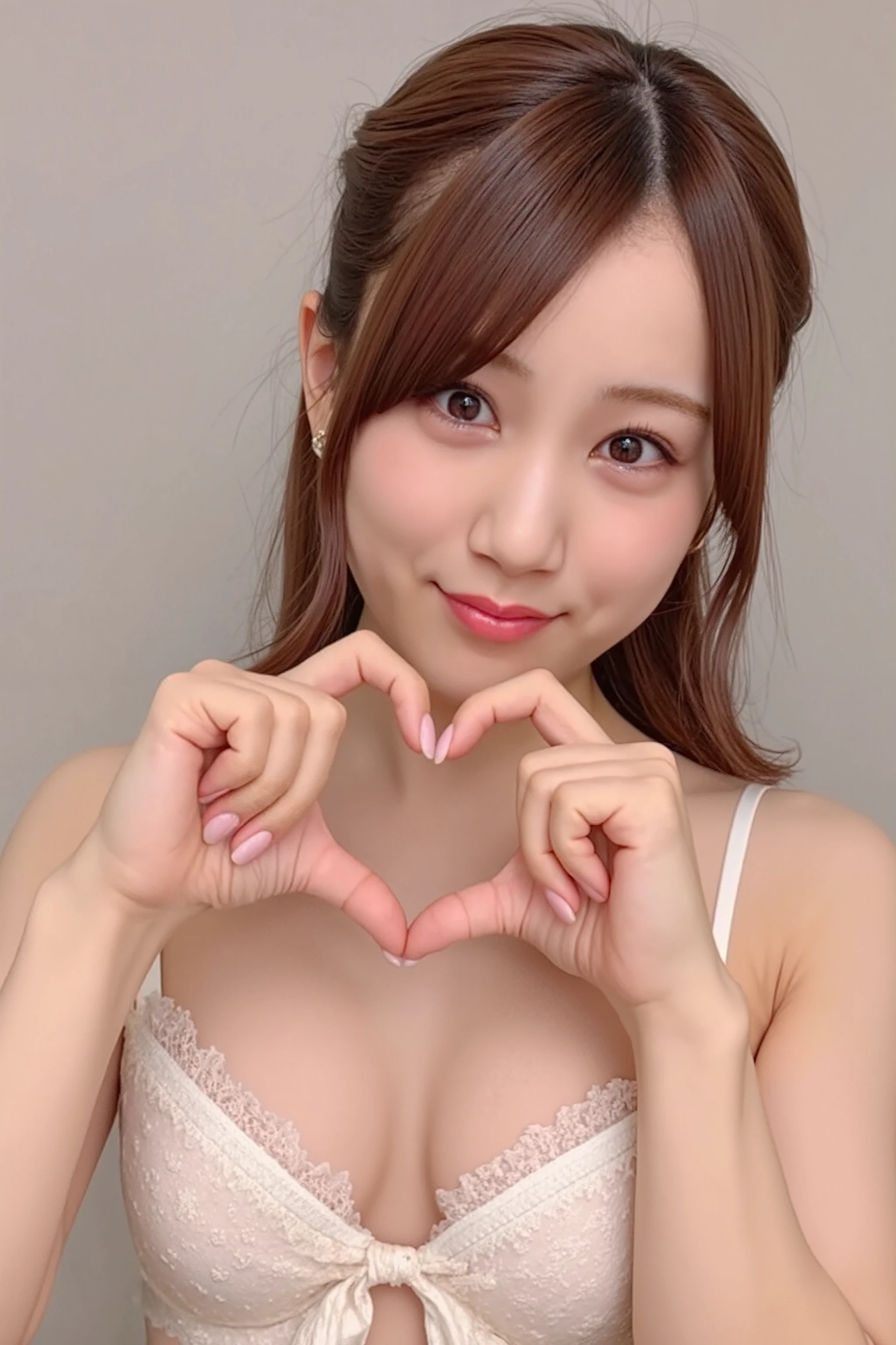 She is in a pose wearing a sexy camisole, making a firm big heart shape with both hands, and holding it in front of her chest, Cute smile up

