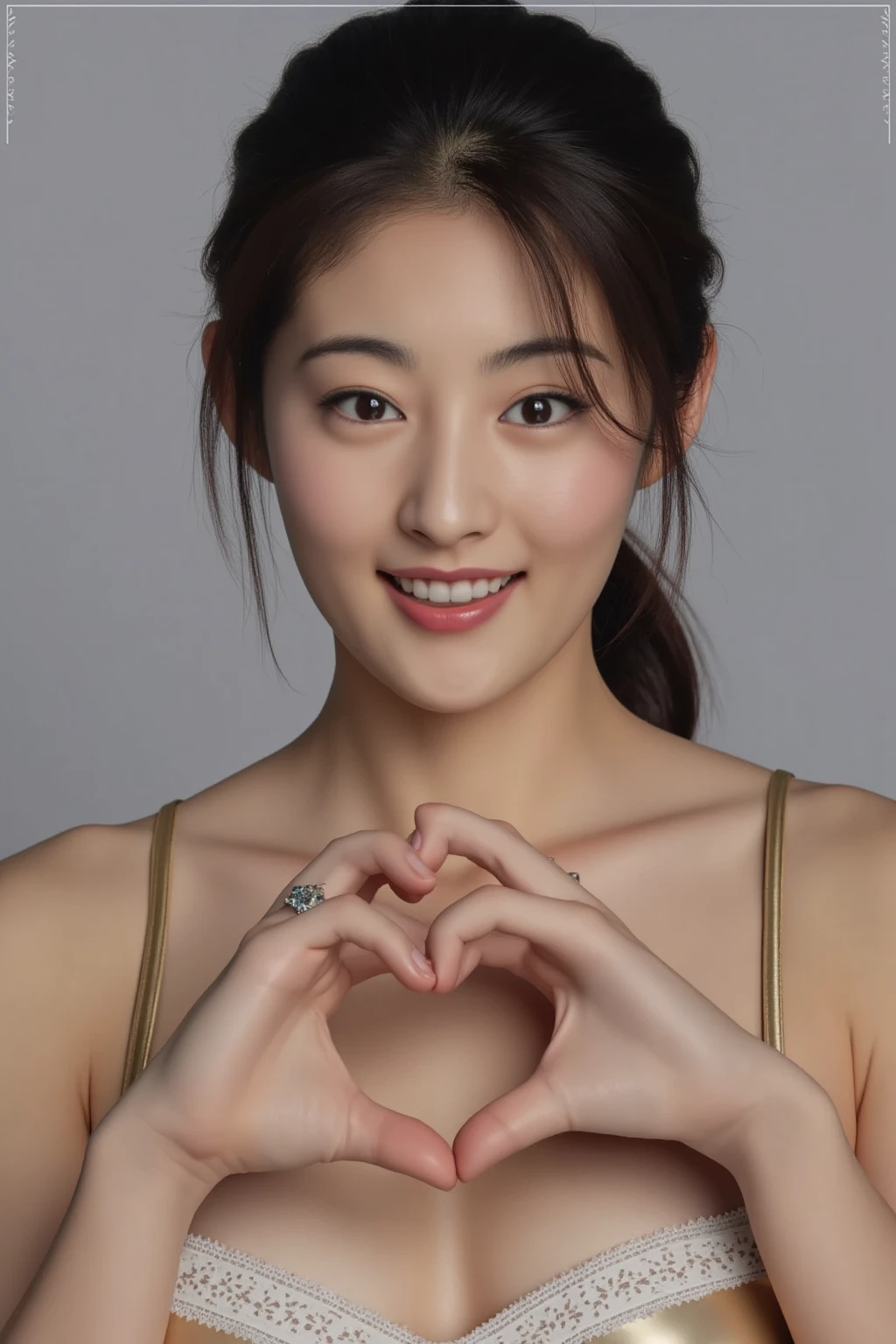 She is in a pose wearing a sexy camisole, making a firm big heart shape with both hands, and holding it in front of her chest, Cute smile up

