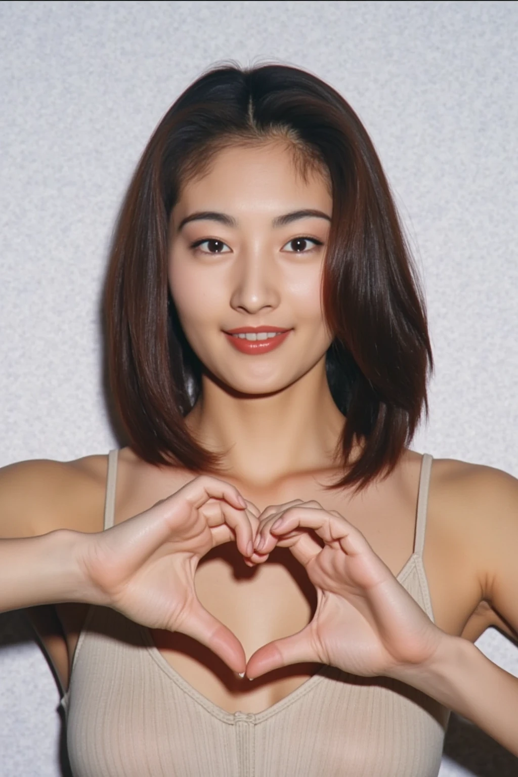 She is in a pose wearing a sexy camisole, making a firm big heart shape with both hands, and holding it in front of her chest, Cute smile up

