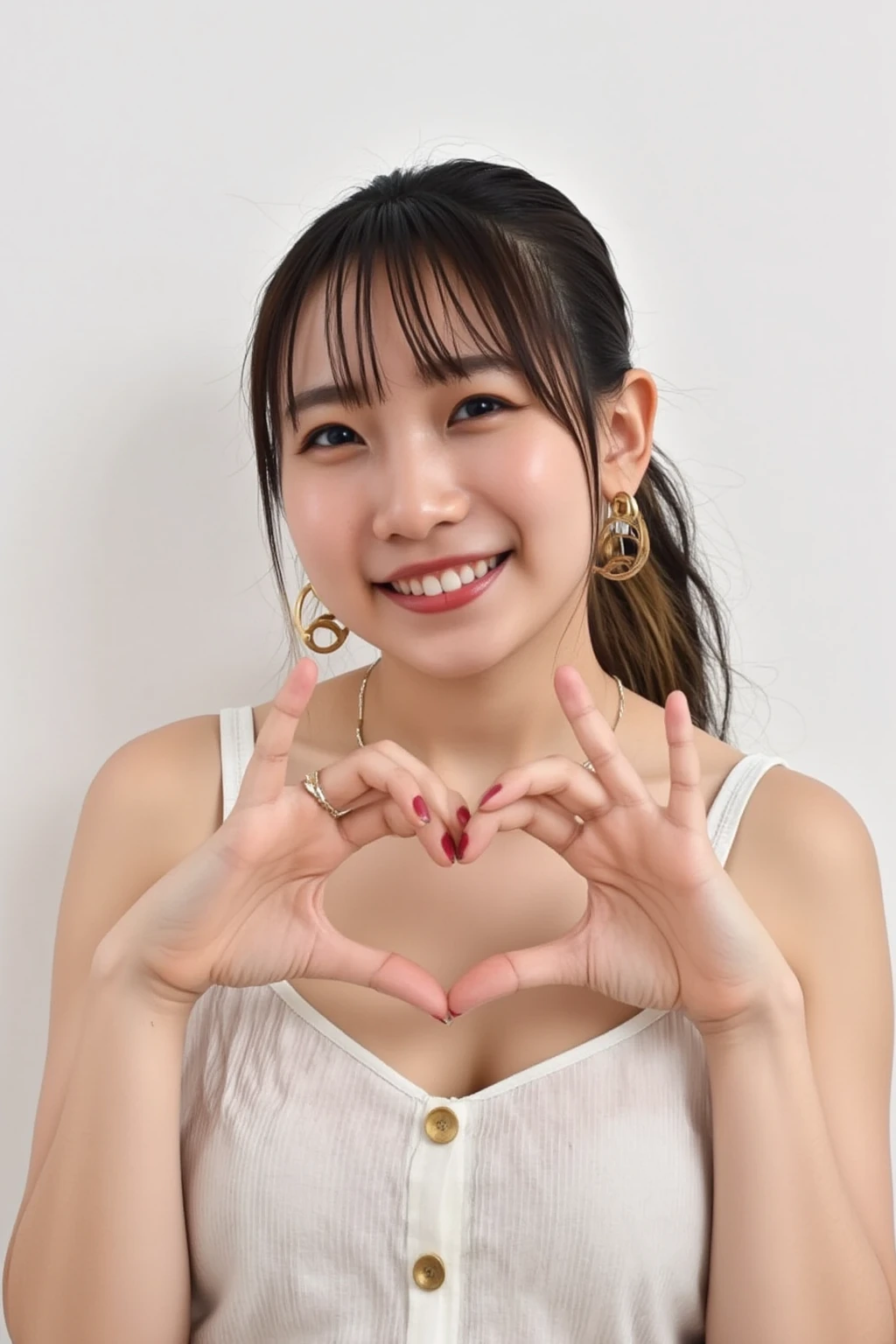 She is in a pose wearing a sexy camisole, making a firm big heart shape with both hands, and holding it in front of her chest, Cute smile up

