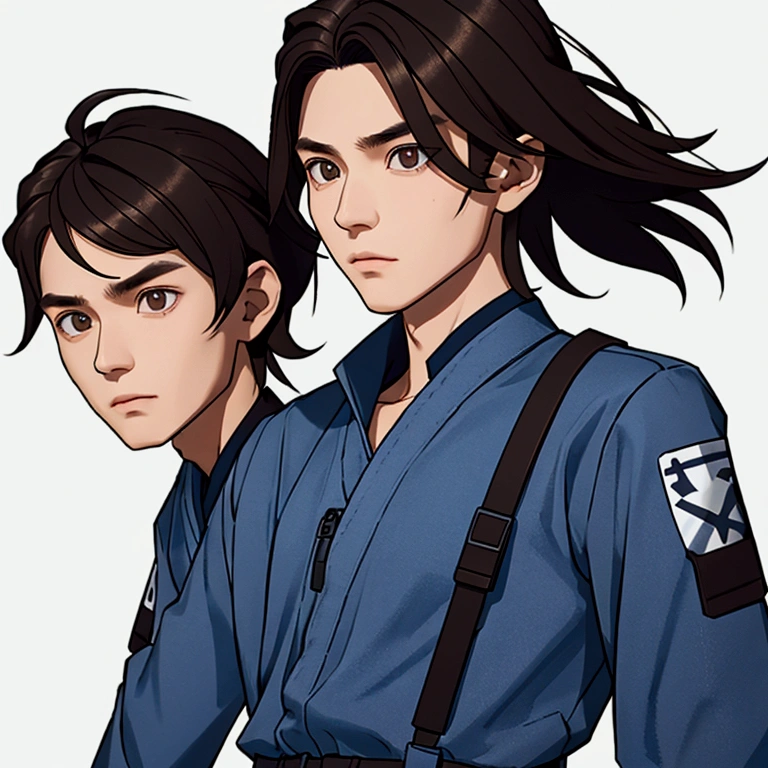 solo, androgynous Japanese man of 20 years old with brown eyes and short brown hair, soft facial features. The young man is wearing a blue jumpsuit and has a serious expression, nzeldastyle, 3d, polygonal, white background