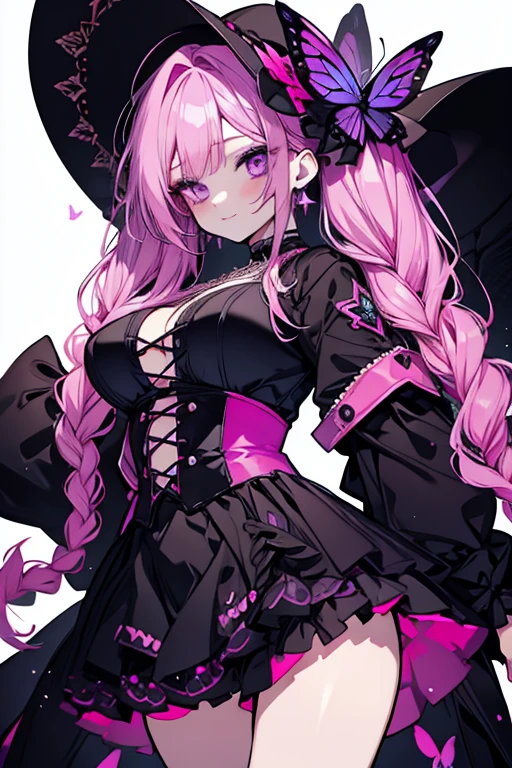 1 , detail, multi-colored hair, hair over one eye, medium hair, Caught on both sides, aretes, pink eyes, make-up, happy/glad, witch's hat, anime styling,