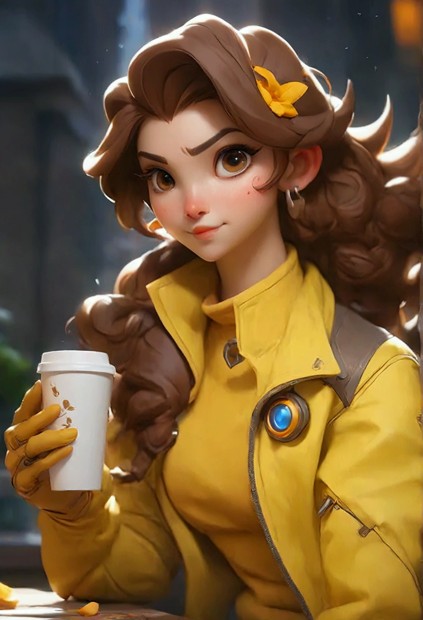  A woman in a yellow jacket is holding a cup of coffee, extremely detailed Art filter,   An animated girl drinks an energy drink  ,  League of Legends Senna , lovely Brigitte de Overwatch, Brigitte de Overwatch, ruan jia and Art filter, trending Art filter,  Pei Valentine , like Art filter, range murata and Art filter, ig model | Art filter