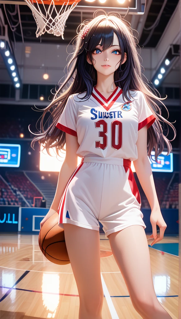 (8K,  best quality , masterpiece:1.2), ( actual , photo- actual :1.37),  super detailed, best quality ,  Ultra HD, Professional lighting, Photon Mapping, Radiosity, Physical Rendering,  cinematic lighting , Basketball Court, Depth of Field ,  clearly focused ,Sunlight, Good composition,(Bokeh:1.2) 1 Girl, unique,(whole body), (Shut up),  delicate beautiful eyes  , posture, Slim waist, Basketball uniforms ,  dark hair, messy hair , long hair fluttering ,(ulzzang-6500:1.2),  Mix 4, High body