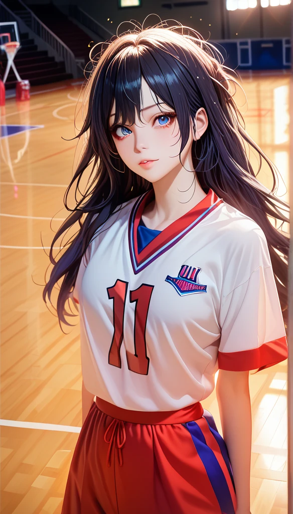 (8K,  best quality , masterpiece:1.2), ( actual , photo- actual :1.37),  super detailed, best quality ,  Ultra HD, Professional lighting, Photon Mapping, Radiosity, Physical Rendering,  cinematic lighting , Basketball Court, Depth of Field ,  clearly focused ,Sunlight, Good composition,(Bokeh:1.2) 1 Girl, unique,(whole body), (Shut up),  delicate beautiful eyes  , posture, Slim waist, Basketball uniforms ,  dark hair, messy hair , long hair fluttering ,(ulzzang-6500:1.2),  Mix 4, High body