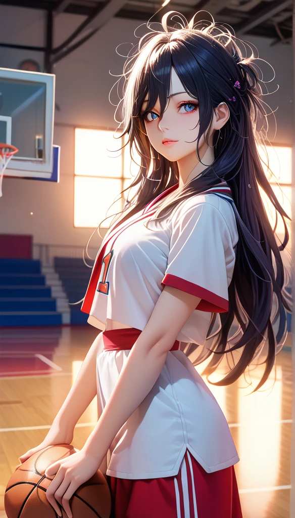 (8K,  best quality , masterpiece:1.2), ( actual , photo- actual :1.37),  super detailed, best quality ,  Ultra HD, Professional lighting, Photon Mapping, Radiosity, Physical Rendering,  cinematic lighting , Basketball Court, Depth of Field ,  clearly focused ,Sunlight, Good composition,(Bokeh:1.2) 1 Girl, unique,(whole body), (Shut up),  delicate beautiful eyes  , posture, Slim waist, Basketball uniforms ,  dark hair, messy hair , long hair fluttering ,(ulzzang-6500:1.2),  Mix 4, High body