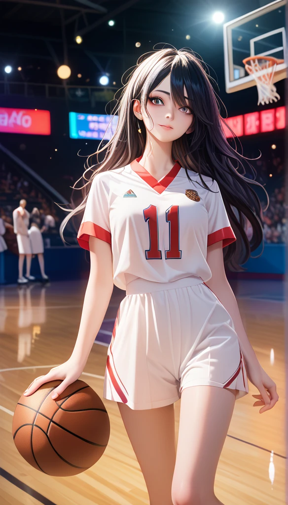 (8K,  best quality , masterpiece:1.2), ( actual , photo- actual :1.37),  super detailed, best quality ,  Ultra HD, Professional lighting, Photon Mapping, Radiosity, Physical Rendering,  cinematic lighting , Basketball Court, Depth of Field ,  clearly focused ,Sunlight, Good composition,(Bokeh:1.2) 1 Girl, unique,(whole body), (Shut up),  delicate beautiful eyes  , posture, Slim waist, Basketball uniforms ,  dark hair, messy hair , long hair fluttering ,(ulzzang-6500:1.2),  Mix 4, High body